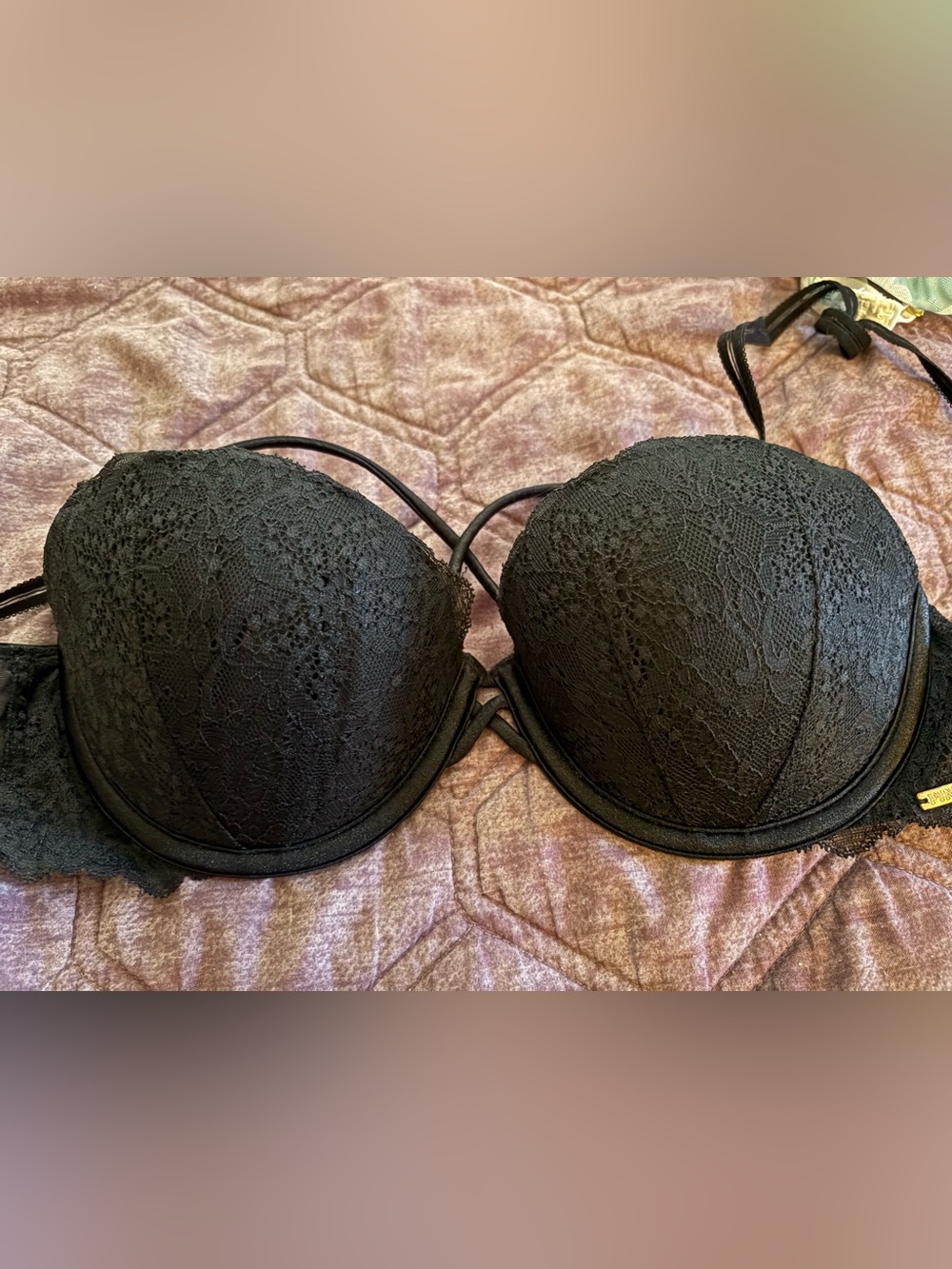 PINK Victoria's Secret Black Lace Push-Up Bra with Strappy Detail
